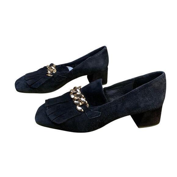 Jeffery Campbell Black Suede Chain Accent Block Heel Loafer Style Pump  Size 9.5 - Picture 2 of 9